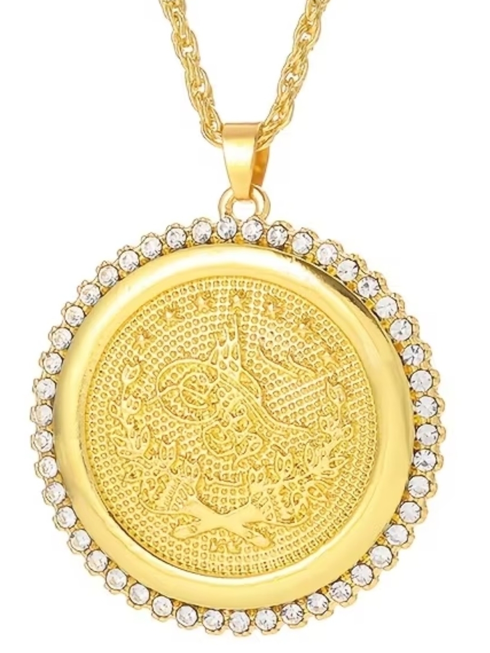 Gold-Tone Round Large Medallion Pendant Necklace with Crystal Border